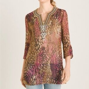Chico's 100% Silk Animal Print Sequin Rhinestones Womens Long Sleeve Top Size 0